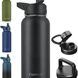 CIVAGO 32 oz Insulated Water Bottle With Straw, Stainless Steel Sports Water Cup Flask with 3 Lids